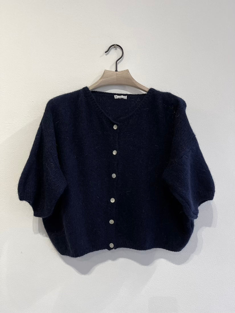 Cropped Sleeve Mohair Cardigan Navy