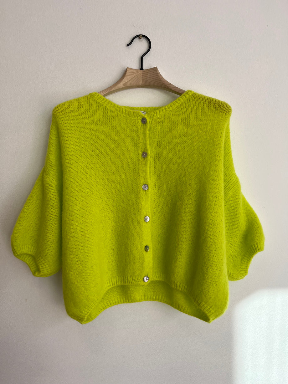 Cropped Sleeve Mohair Cardigan Neon Yellow Fox Feather