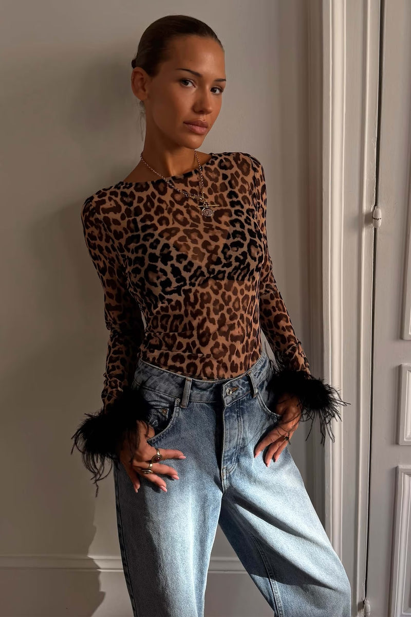 Leopard and Feather Mesh Bodysuit