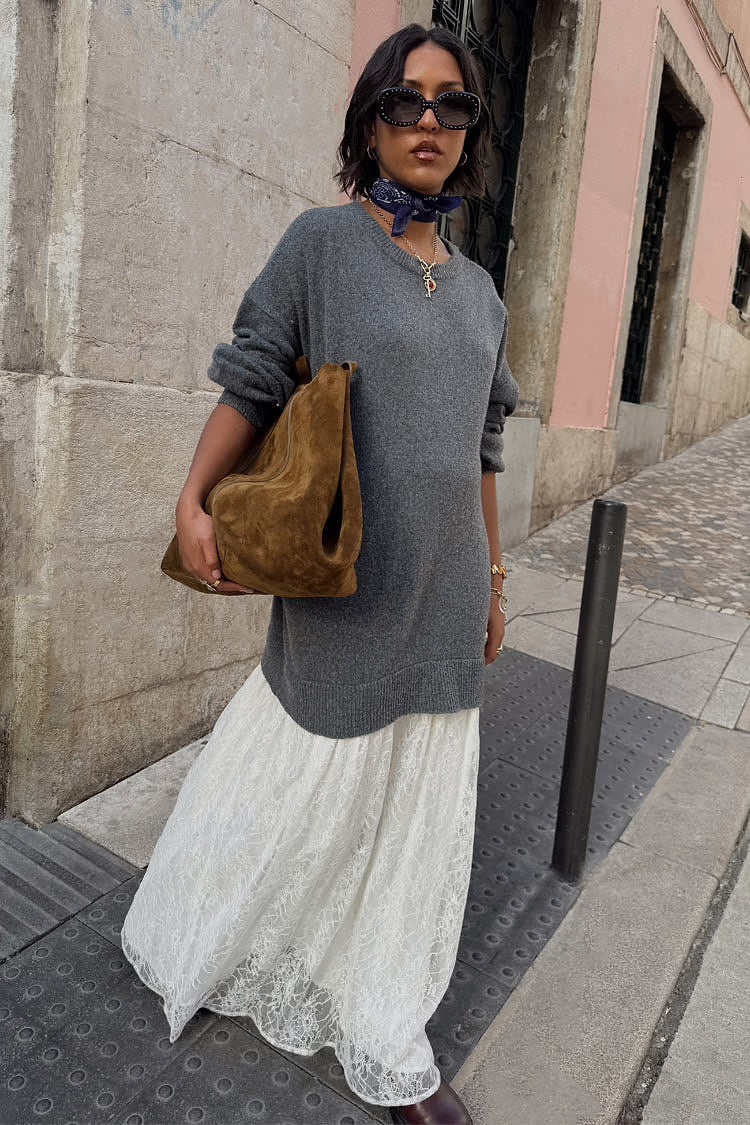 Grey Knit Jumper Dress With Sheer Lace Skirt Fox + Feather Grey Knit Jumper Dress With Sheer Lace Skirt Fox + Feather