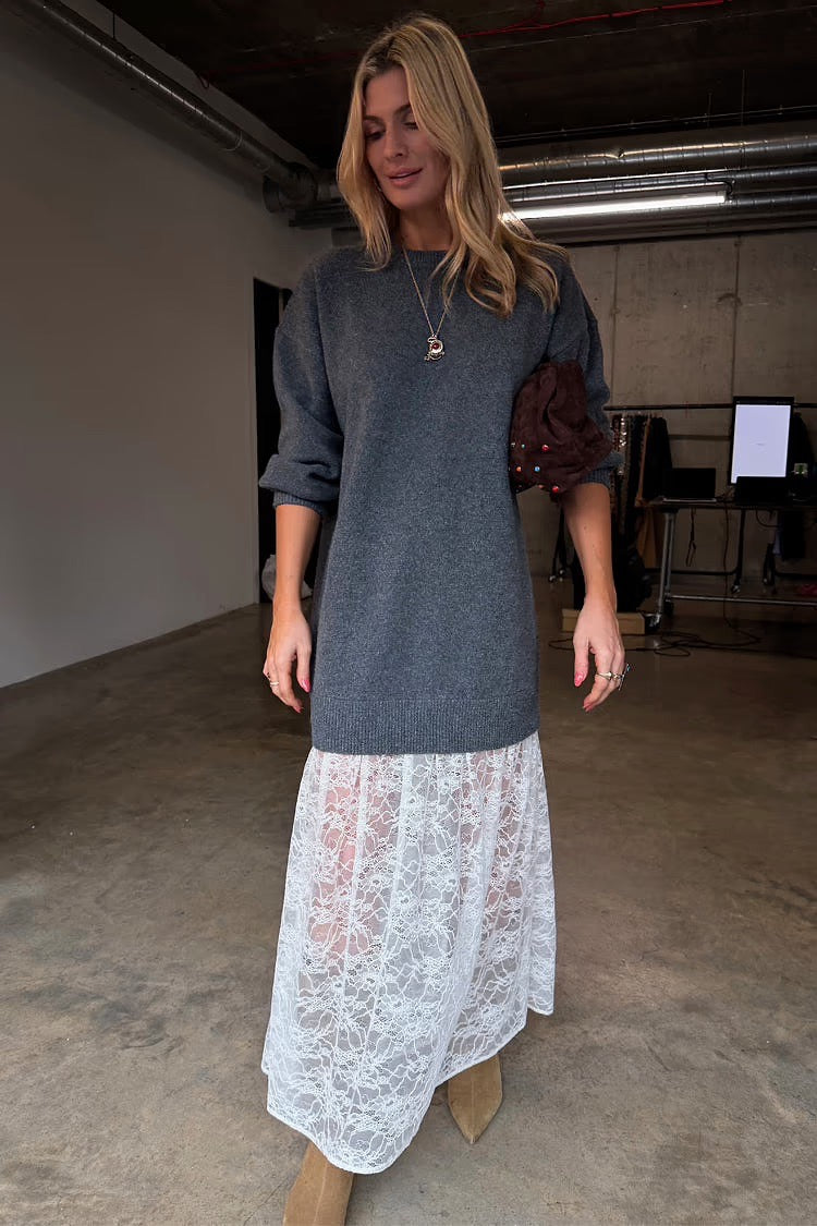 Grey Knit Jumper Dress With Sheer Lace Skirt Fox + Feather Grey Knit Jumper Dress With Sheer Lace Skirt Fox + Feather